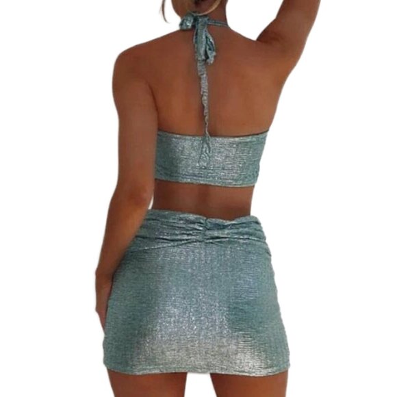 NWT Outcast Winslet Mini Dress Metallic Sage Halter Bodycon Sexy Glam M - Picture 3 of 14